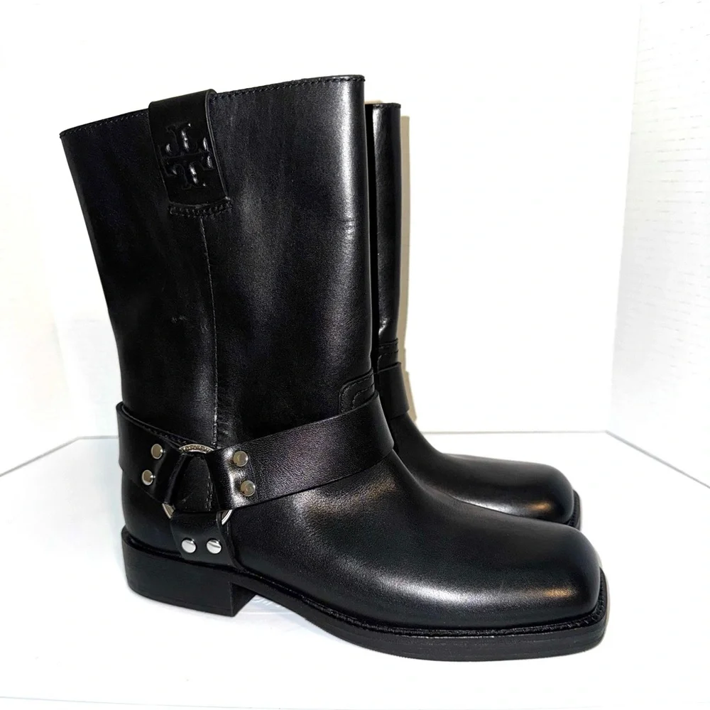 Tory Burch Double T Black Leather Moto  Boots 8